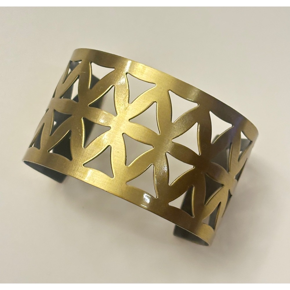 Vintage Cuff Bracelet Antique Gold Tone Geometric Cutout Wide Statement